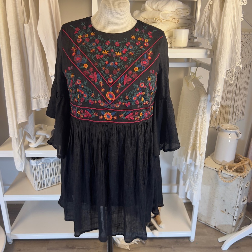 Women's Black Embroidered Floral Boho Dress